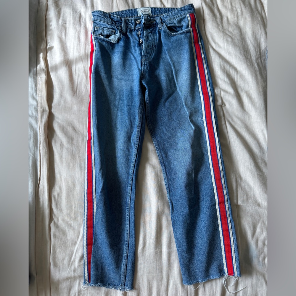 Zara Authentic Denim Red Stripe High Rise Raw Hem Ankle Straight Leg Jeans